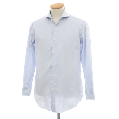 【中古】メイカーズシャツ カマクラ Makers Shirt 鎌倉 コットン ストライプ ホリゾンタルカラー ドレスシャツ ホワイトxブルー【サイズ38】【 状態ランクC 】【 メンズ 】