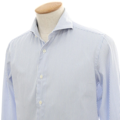 【中古】メイカーズシャツ カマクラ Makers Shirt 鎌倉 コットン ストライプ ホリゾンタルカラー ドレスシャツ ホワイトxブルー【サイズ38】【 状態ランクC 】【 メンズ 】