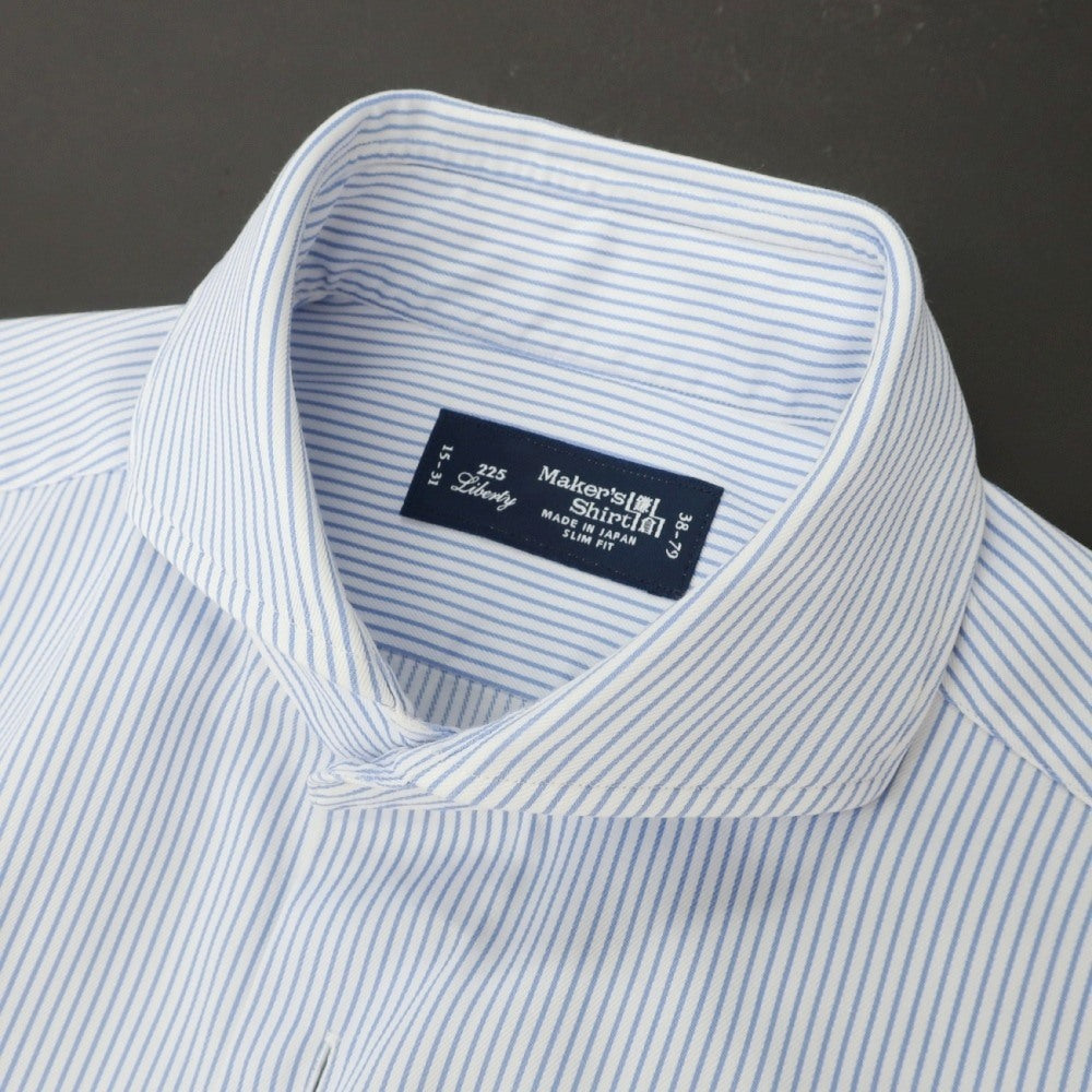【中古】メイカーズシャツ カマクラ Makers Shirt 鎌倉 コットン ストライプ ホリゾンタルカラー ドレスシャツ ホワイトxブルー【サイズ38】【 状態ランクC 】【 メンズ 】