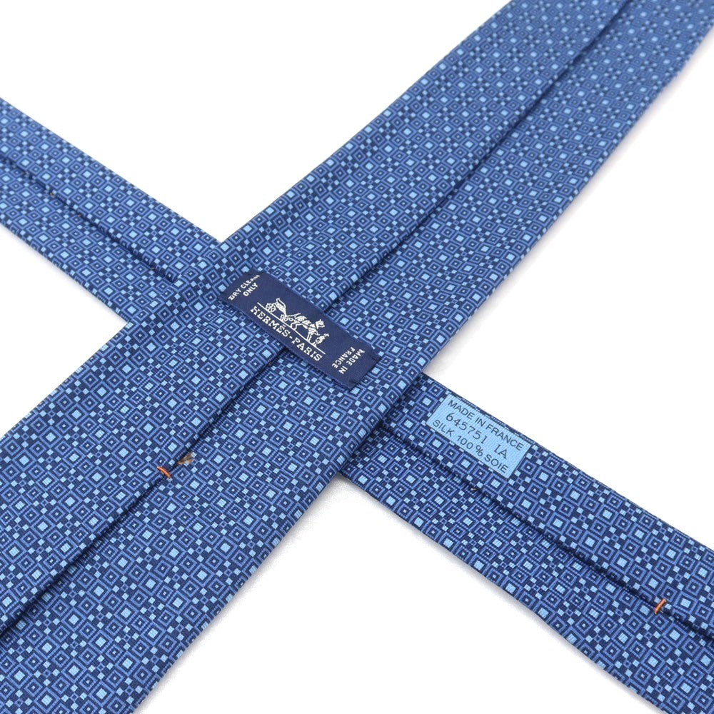 【中古】エルメス HERMES シルク プリント ネクタイ ブルーxネイビー【 状態ランクA 】【 メンズ 】