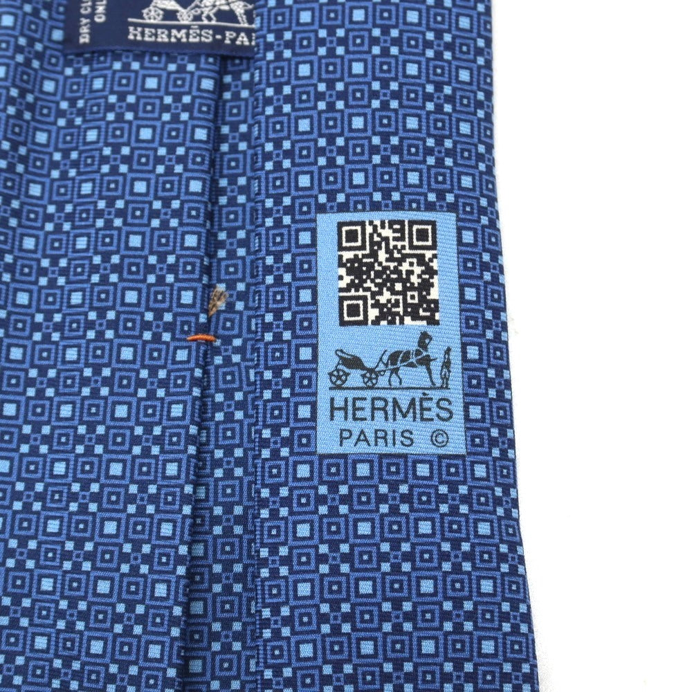 【中古】エルメス HERMES シルク プリント ネクタイ ブルーxネイビー【 状態ランクA 】【 メンズ 】