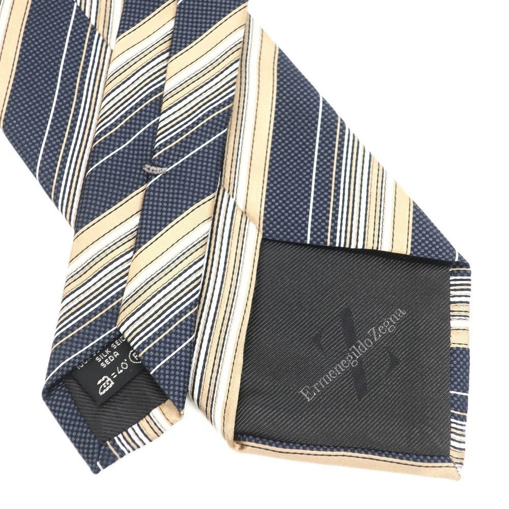 [Used] Ermenegildo Zegna Striped Tri-Fold Silk Tie Navy x Beige [NVY] [S/S/A/W] [Condition Rank B] ​​[Men&