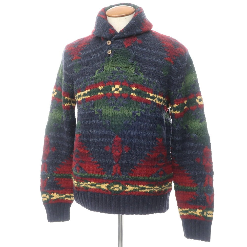 【中古】ポロ ラルフローレン Polo Ralph Lauren HAND KNIT ローゲージウールシルクリネン ショールカラーニット ネイビーxレッド【サイズM】【NVY】【A/W】【状態ランクB】【メンズ】【768980】 BPD
