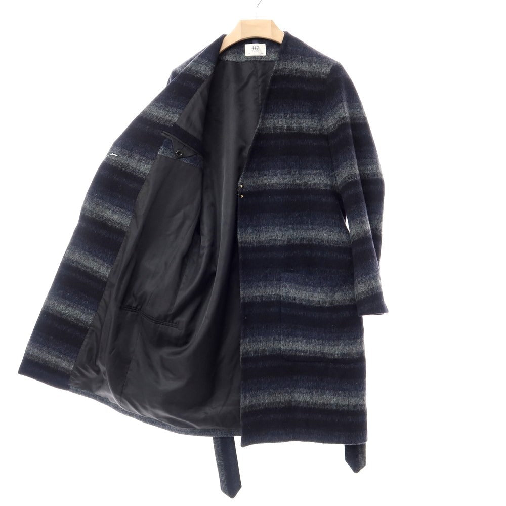 [Used] 417byEDIFICE Wool polyester striped collarless coat Navy x gray [Size M] [NVY] [A/W] [Condition rank B] ​​[Men&