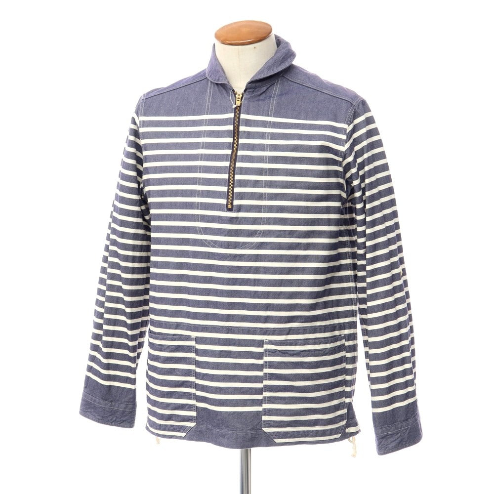 【中古】ナイジェルケーボン Nigel Cabourn コットン ボーダー柄 ハーフジップ ワークジャケット ライトネイビーxホワイト【サイズ46】【NVY】【S/S/A/W】【状態ランクB】【メンズ】【768971】 EPD