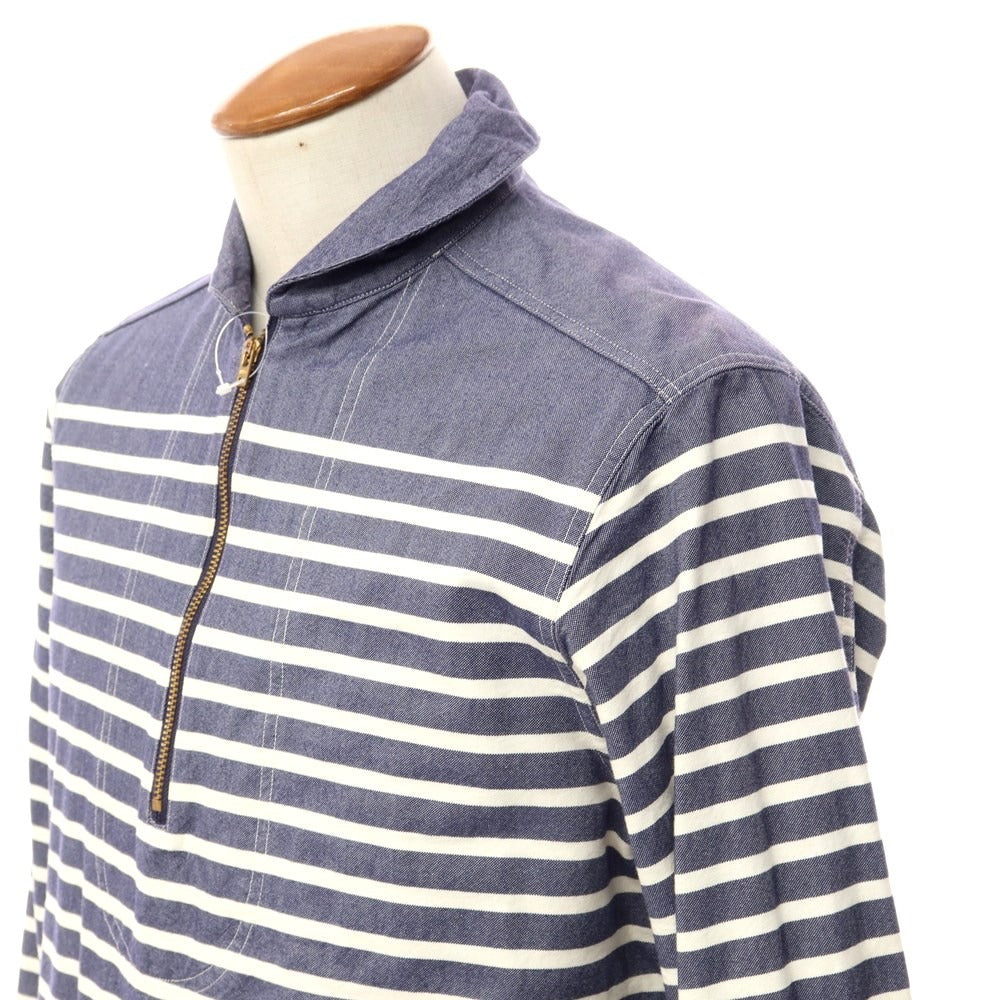 【中古】ナイジェルケーボン Nigel Cabourn コットン ボーダー柄 ハーフジップ ワークジャケット ライトネイビーxホワイト【サイズ46】【NVY】【S/S/A/W】【状態ランクB】【メンズ】【768971】 EPD