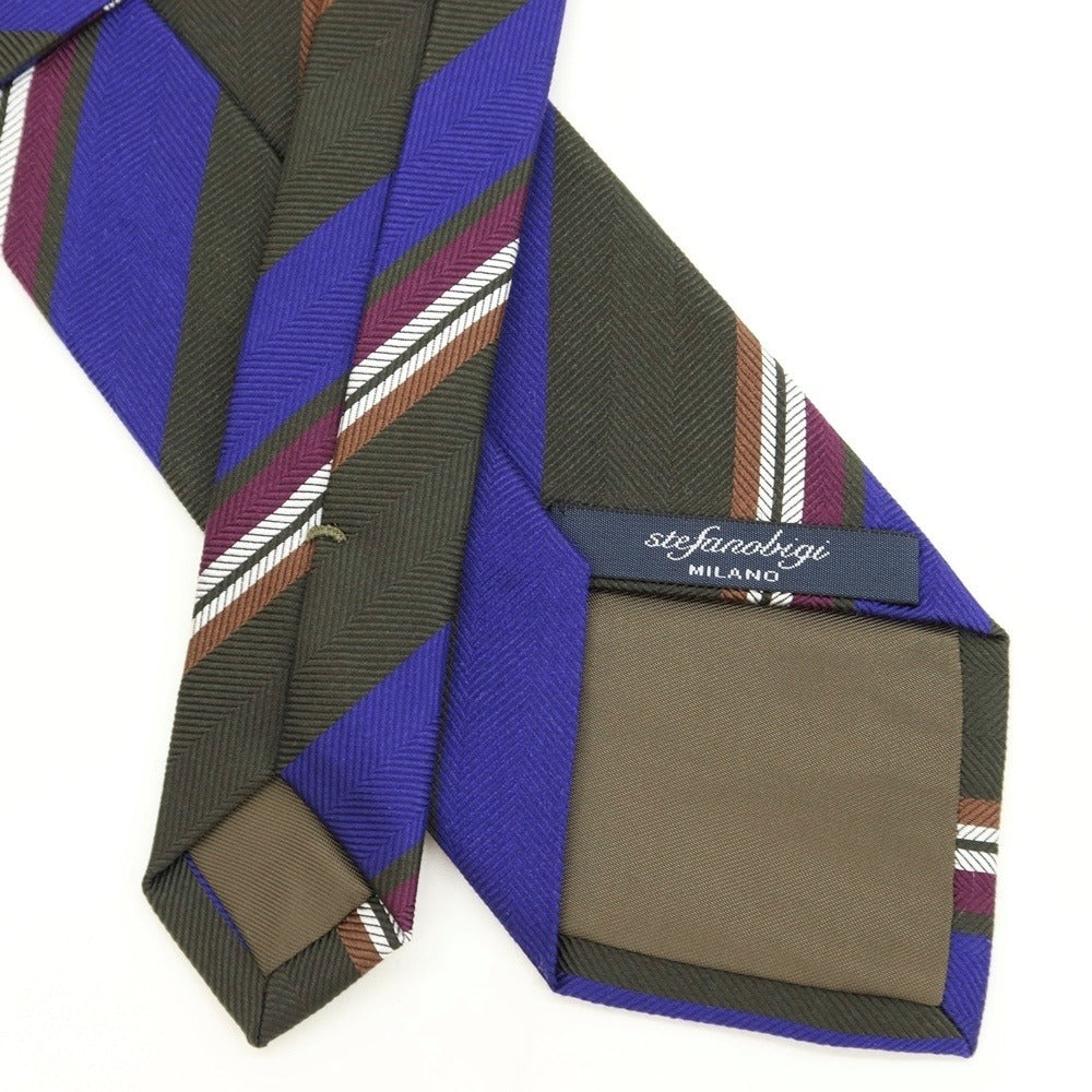 [Used] Stefano Bigi Striped Tri-Fold Silk Tie Dark Green x Purple [GRN] [S/S/A/W] [Condition Rank A] [Men&