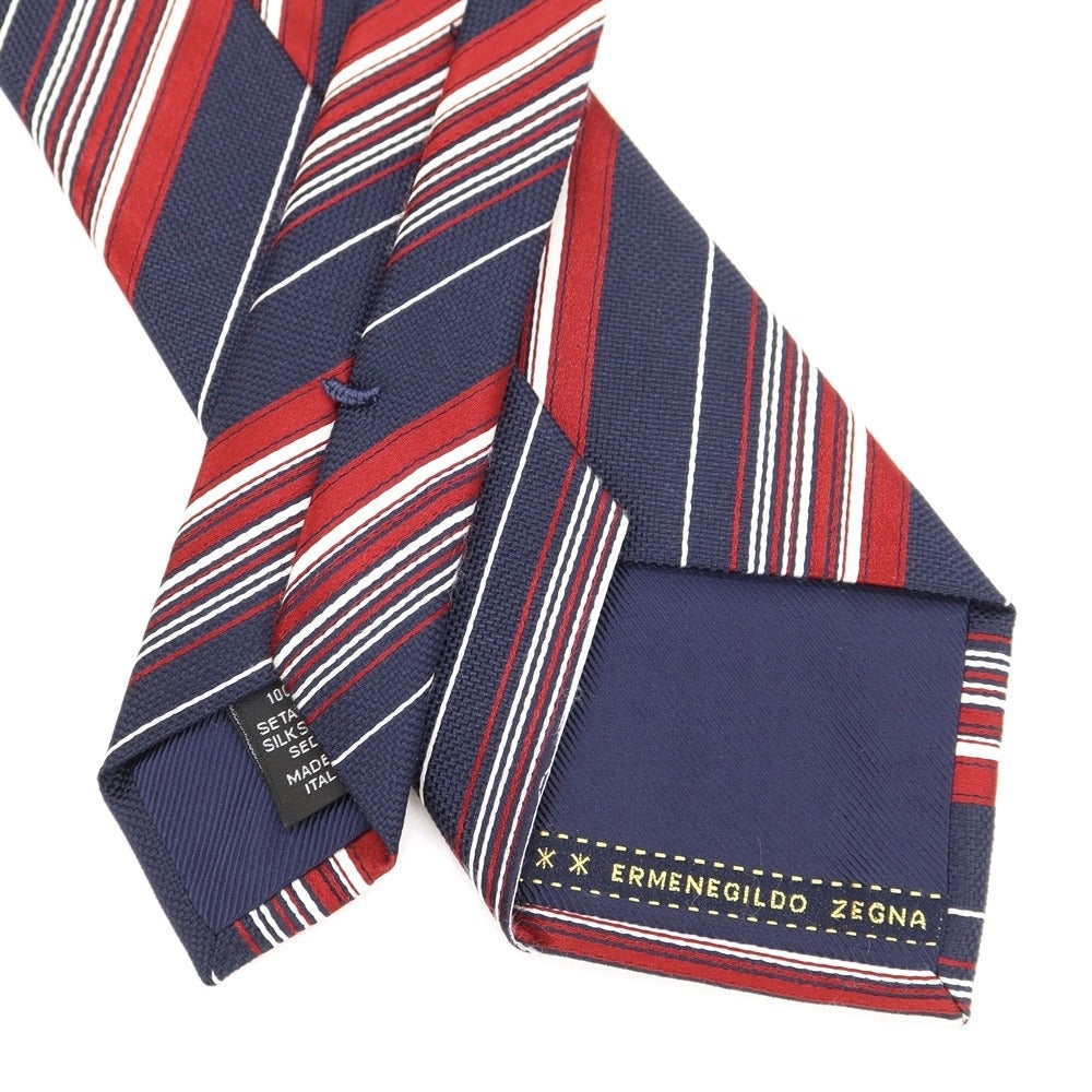 [Used] Ermenegildo Zegna Striped Tri-Fold Silk Tie Navy x Dark Red [NVY] [S/S/A/W] [Condition Rank B] [Men&