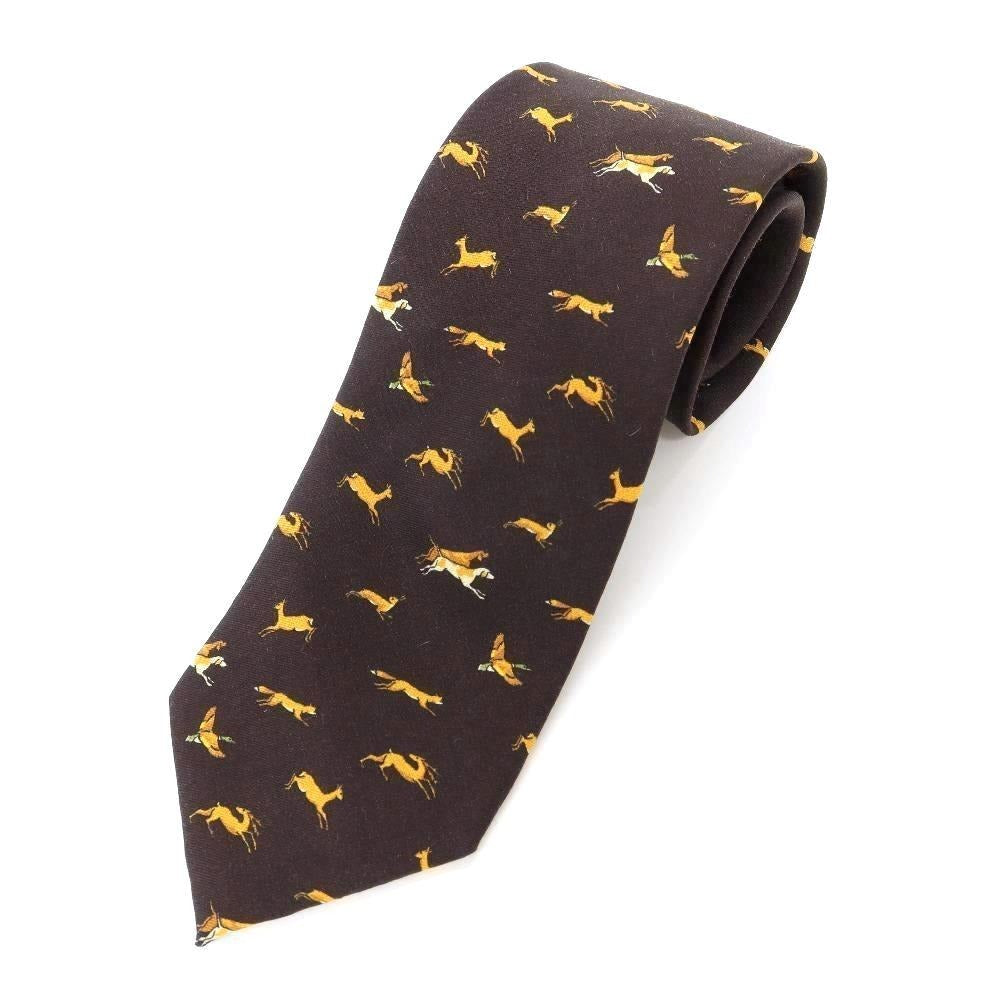 [New] GIERRE Animal Pattern Panel Print Tri-Fold Wool Silk Tie Black Brown [BRW] [A/W] [Condition Rank N] [Men&