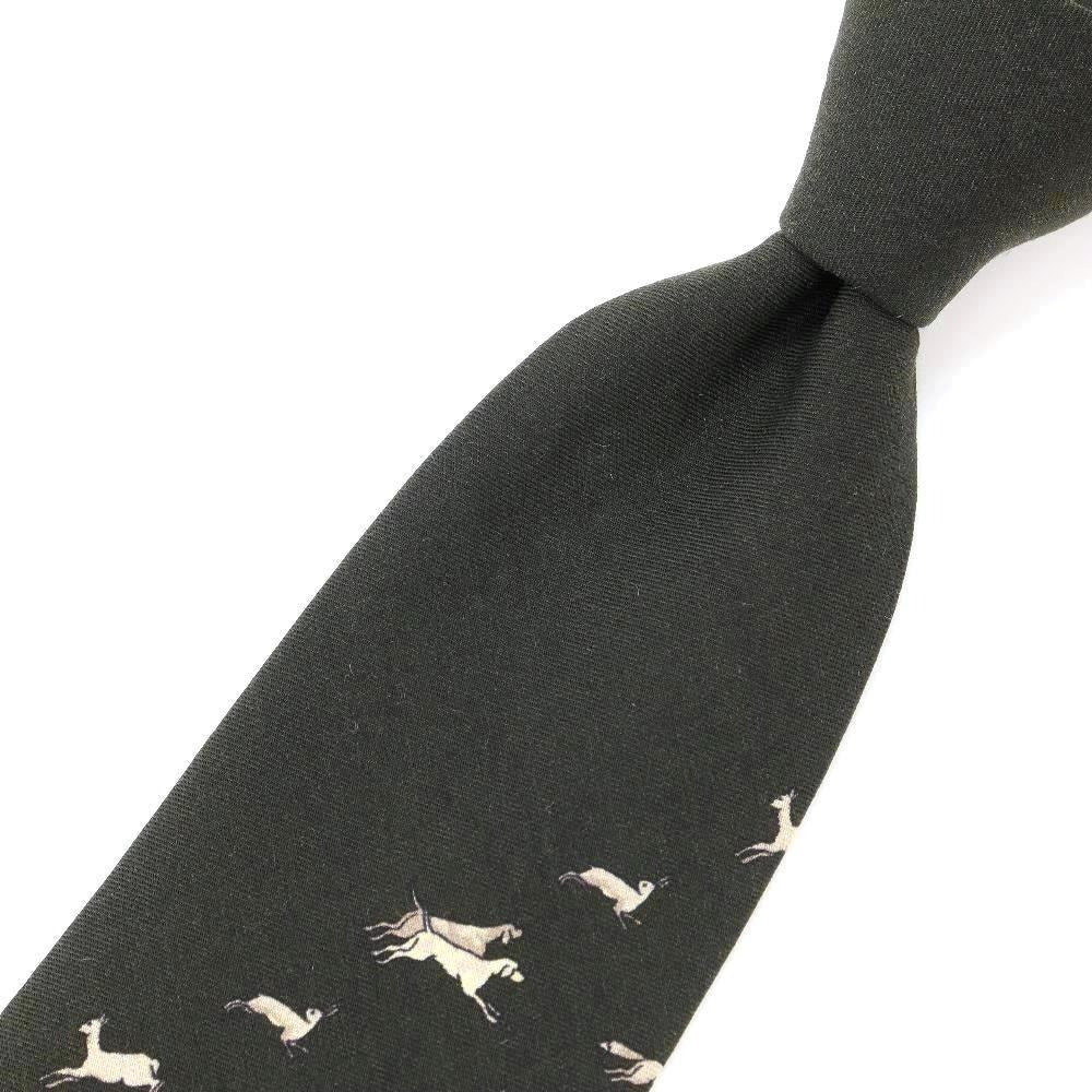 [New] GIERRE Animal Pattern Panel Print Tri-Fold Wool Silk Tie Dark Green [GRN] [A/W] [Condition Rank N] [Men&