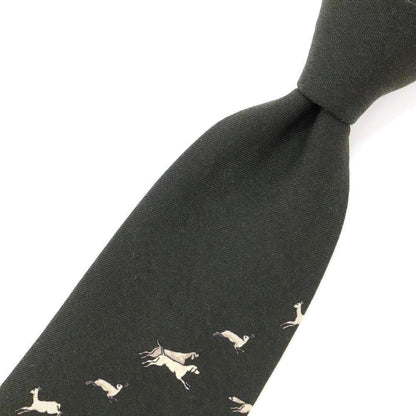 [New] GIERRE Animal Pattern Panel Print Tri-Fold Wool Silk Tie Dark Green [GRN] [A/W] [Condition Rank N] [Men&