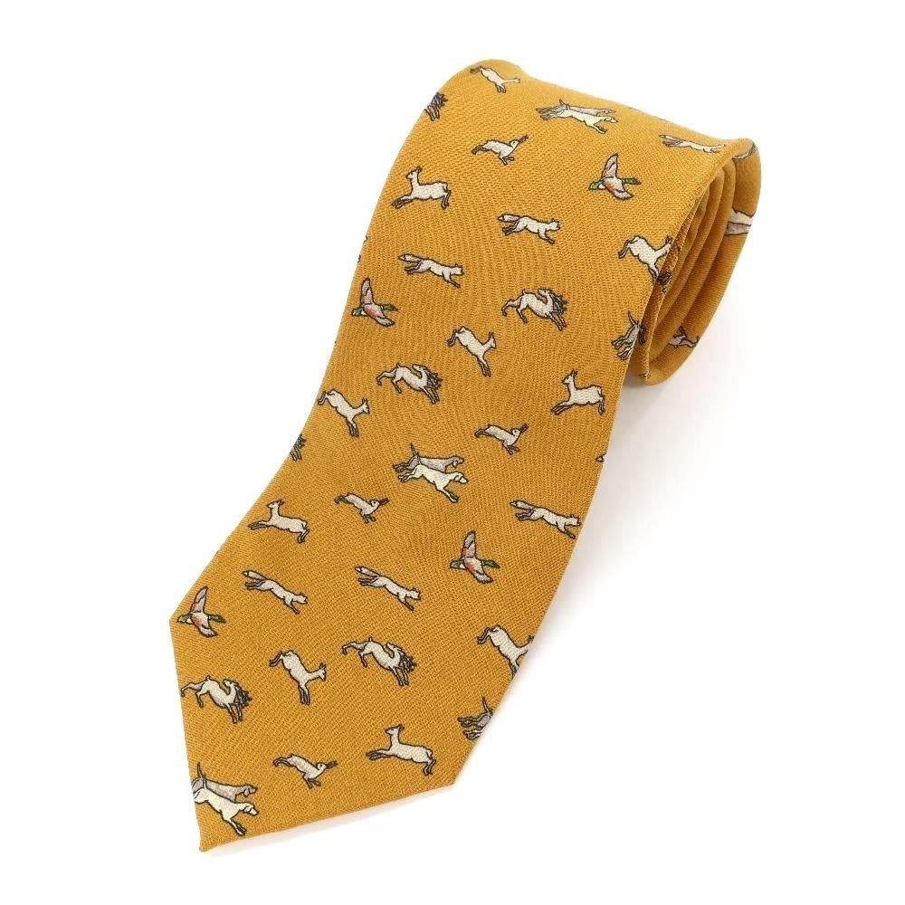 [New] GIERRE Animal Pattern Panel Print Tri-Fold Wool Silk Tie Mustard [YEL] [A/W] [Condition Rank N] [Men&