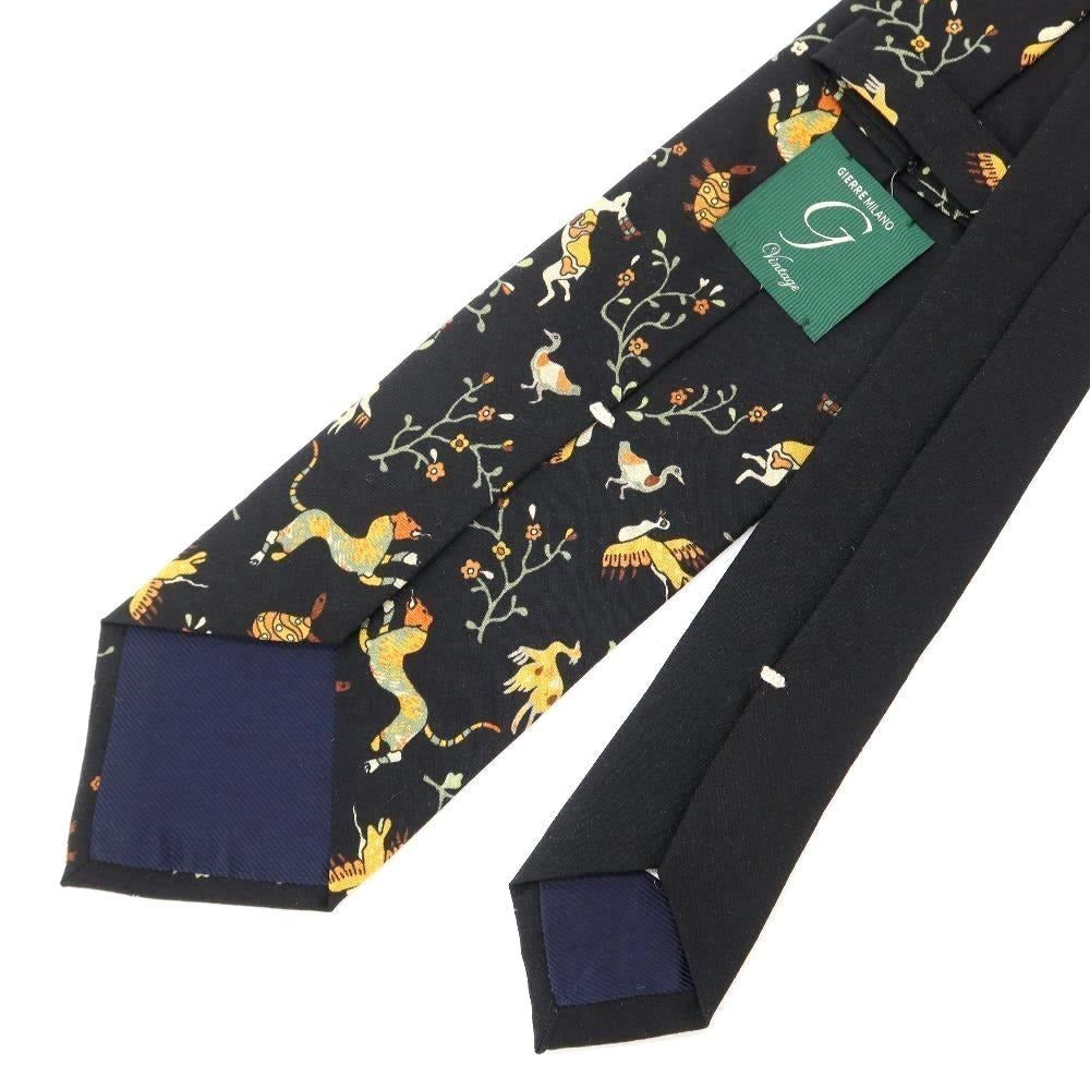 [New] GIERRE Flora and Fauna Panel Print Tri-Fold Wool Silk Tie Black [BLK] [A/W] [Condition Rank N] [Men&