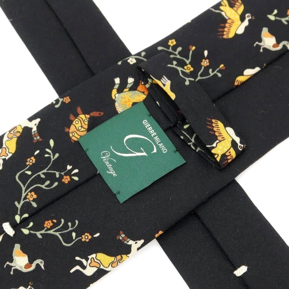 [New] GIERRE Flora and Fauna Panel Print Tri-Fold Wool Silk Tie Black [BLK] [A/W] [Condition Rank N] [Men&