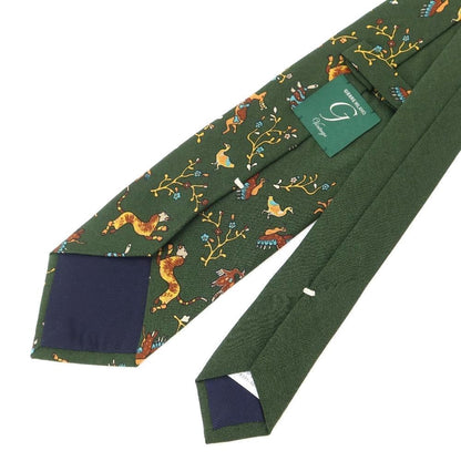 [New] GIERRE Flora and Fauna Panel Print Tri-Fold Wool Silk Tie Dark Green [GRN] [A/W] [Condition Rank N] [Men&