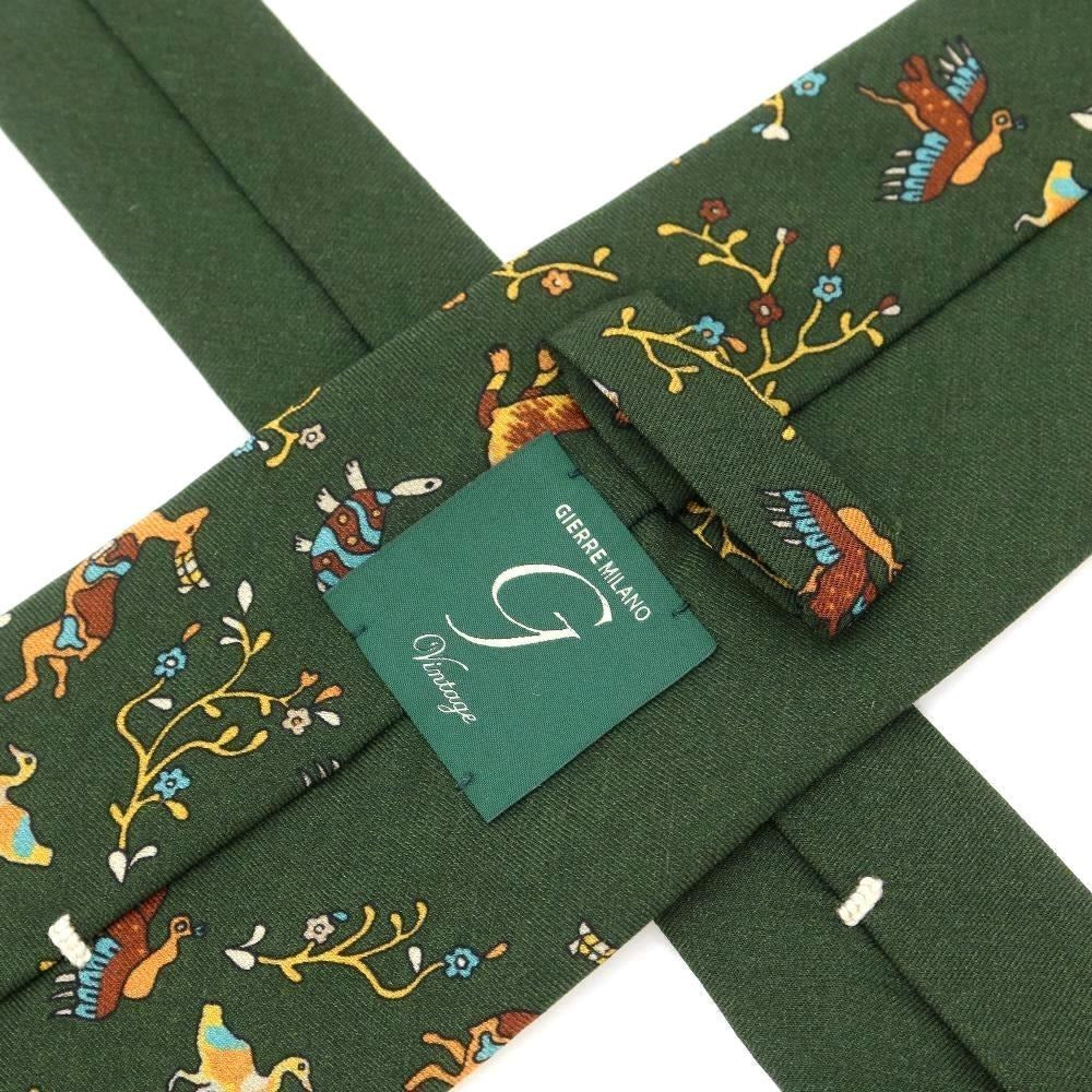 [New] GIERRE Flora and Fauna Panel Print Tri-Fold Wool Silk Tie Dark Green [GRN] [A/W] [Condition Rank N] [Men&