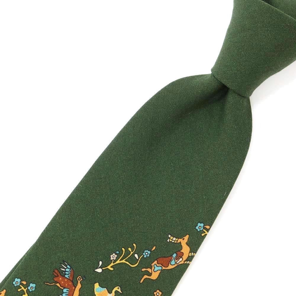 [New] GIERRE Flora and Fauna Panel Print Tri-Fold Wool Silk Tie Dark Green [GRN] [A/W] [Condition Rank N] [Men&