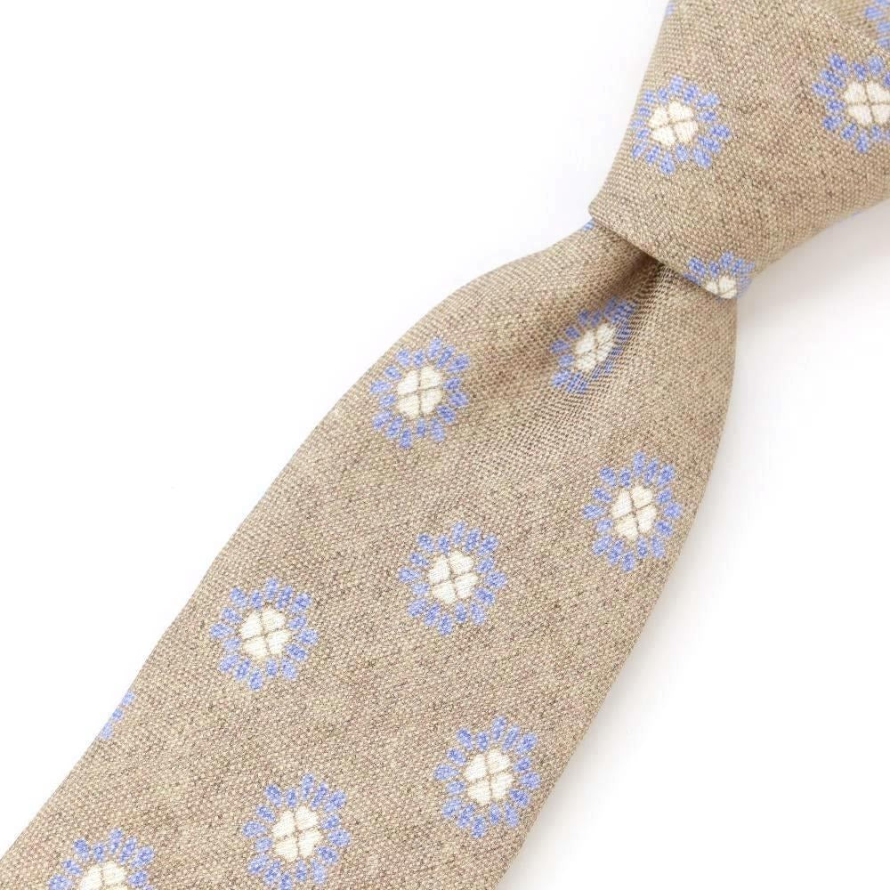 【新品】ジエレ GIERRE 小紋×グレンチェック3つ折り シルクリネン 切替 ネクタイ ベージュxブルー【BEI】【S/S】【状態ランクN】【メンズ】【769181】