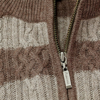 [Used] [Unused] Aquascutum Wool Cable Knit Stand Collar Cardigan Brown x Warm Gray [Size L] [BRW] [A/W] [Condition Rank S] [Men&