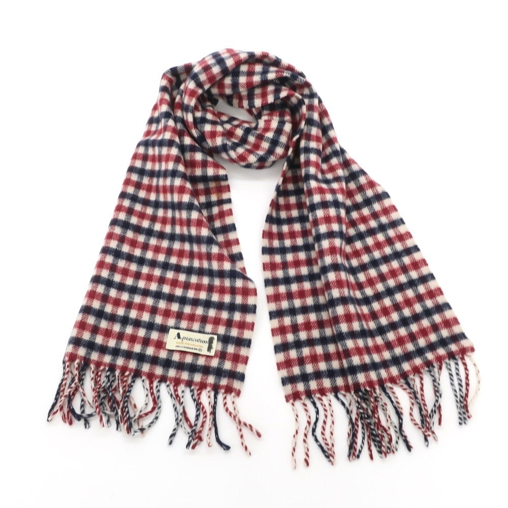 【中古】アクアスキュータム Aquascutum カシミヤ チェック フリンジマフラー ネイビーxレッド【NVY】【A/W】【状態ランクC】【メンズ】【769078】