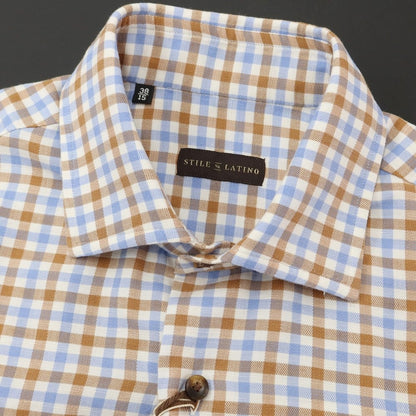 [Used] [Unused] STILE LATINO Cotton Linen Semi-Wide Collar Casual Shirt Brown x Blue [Size 38/15] [BRW] [A/W] [Condition Rank S] [Men&