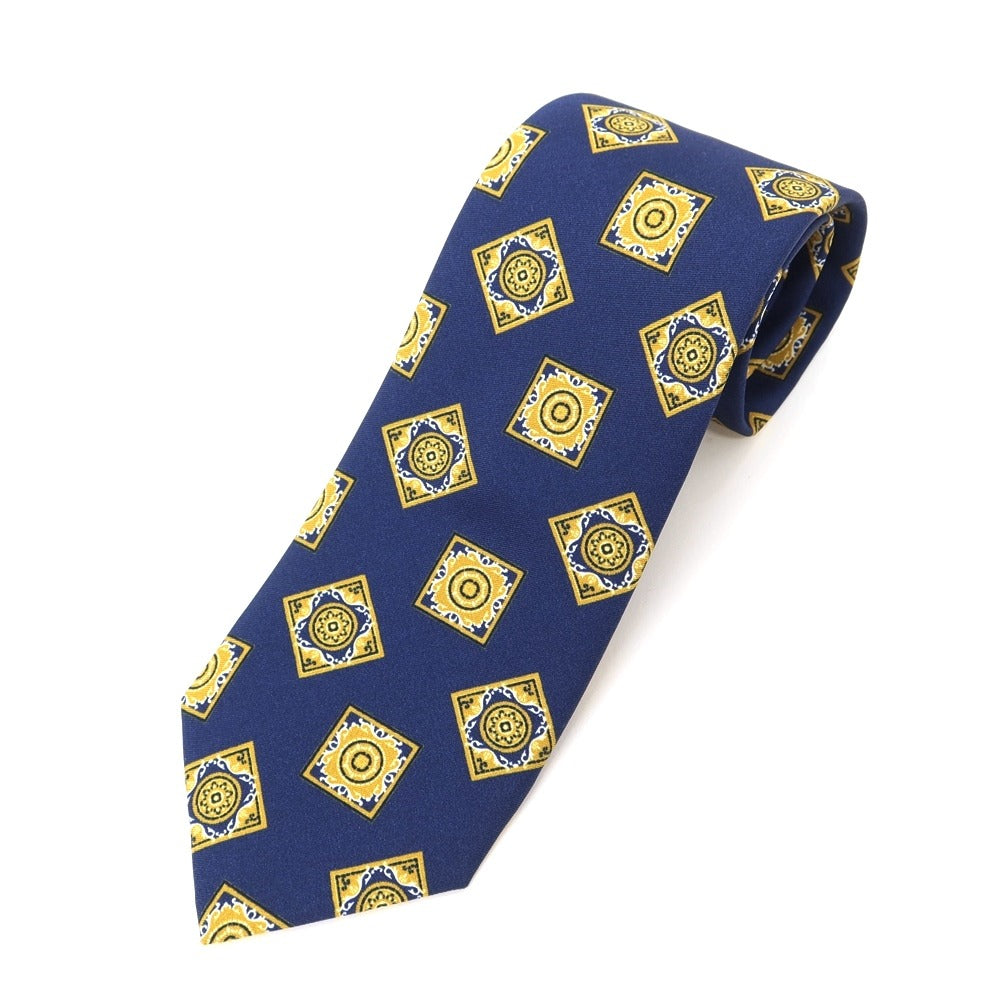 [Used] Franco Bassi FRANCO BASSI Komon Print Tri-Fold Silk Tie Navy x Mustard [NVY] [S/S/A/W] [Condition Rank B] ​​[Men&