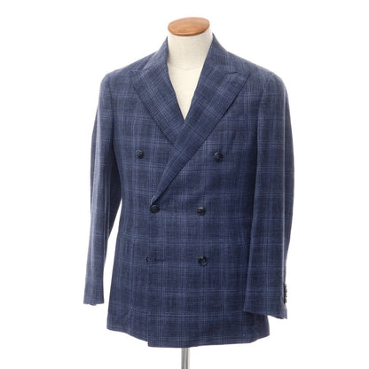 [Used] BARBA wool silk linen check double breasted 6B tailored jacket, navy [size 46] [navy] [S/S] [condition rank B] ​​[men&