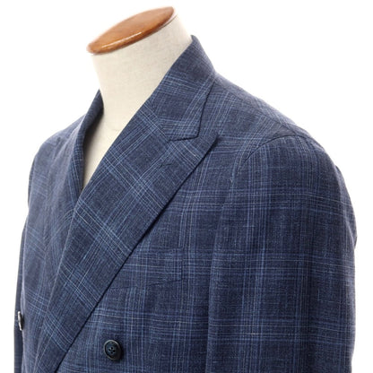 [Used] BARBA wool silk linen check double breasted 6B tailored jacket, navy [size 46] [navy] [S/S] [condition rank B] ​​[men&