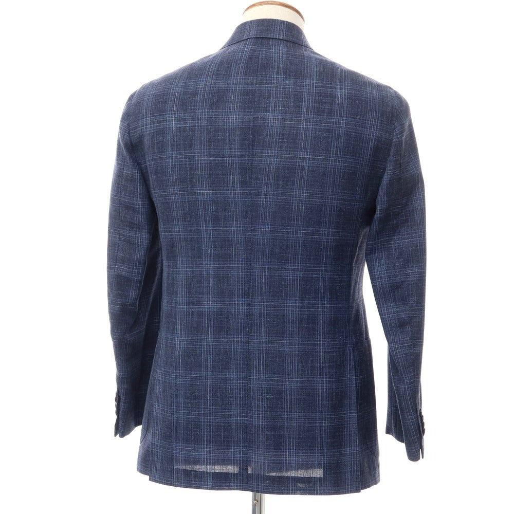 [Used] BARBA wool silk linen check double breasted 6B tailored jacket, navy [size 46] [navy] [S/S] [condition rank B] ​​[men&