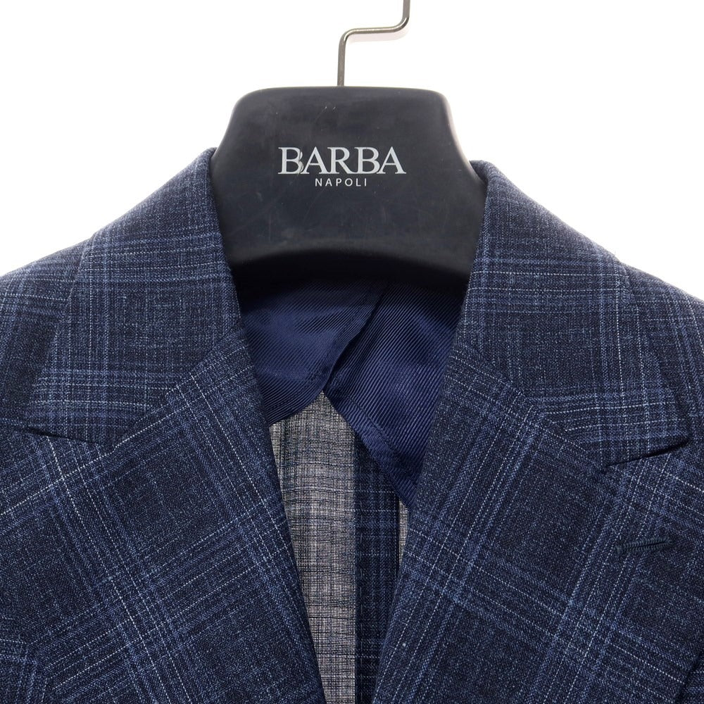 [Used] BARBA wool silk linen check double breasted 6B tailored jacket, navy [size 46] [navy] [S/S] [condition rank B] ​​[men&