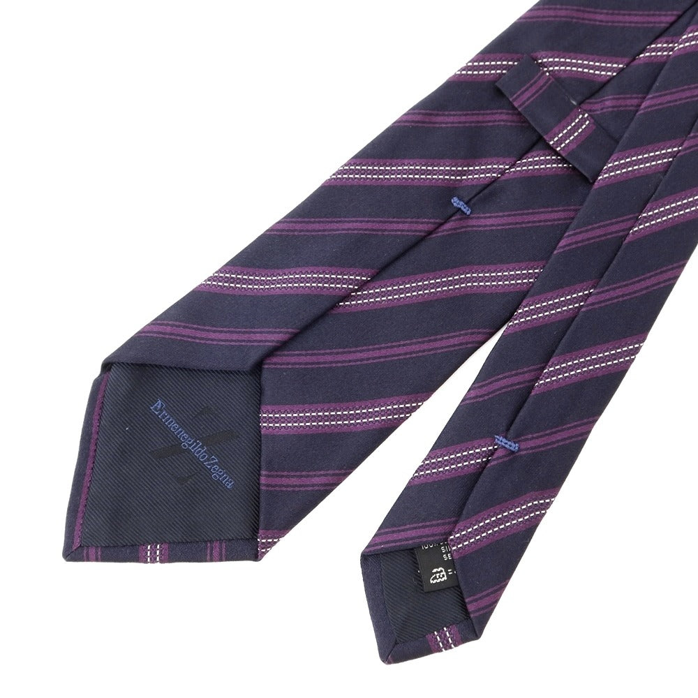 [Used] Ermenegildo Zegna Striped 3-fold silk tie, navy x purple [NVY] [S/S/A/W] [Condition: C] [Men&