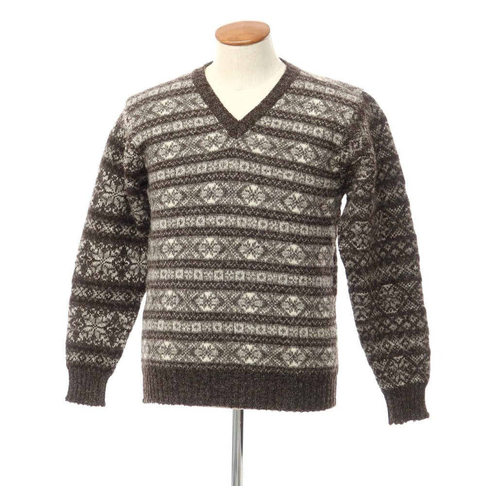 【中古】ジャミーソンズニットウェア Jamieson’s Knitwear BEAMS別注 ウール フェアアイル Vネックニット ダークブラウンxホワイト×グレー【サイズL】【BRW】【A/W】【状態ランクB】【メンズ】【768976】
