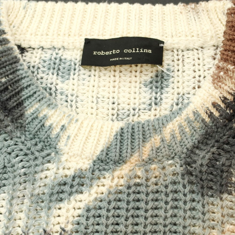 [Used] ROBERTO COLLINA Cotton crew neck pullover knit, grayish blue x brown [48] [Condition rank B] [Men&