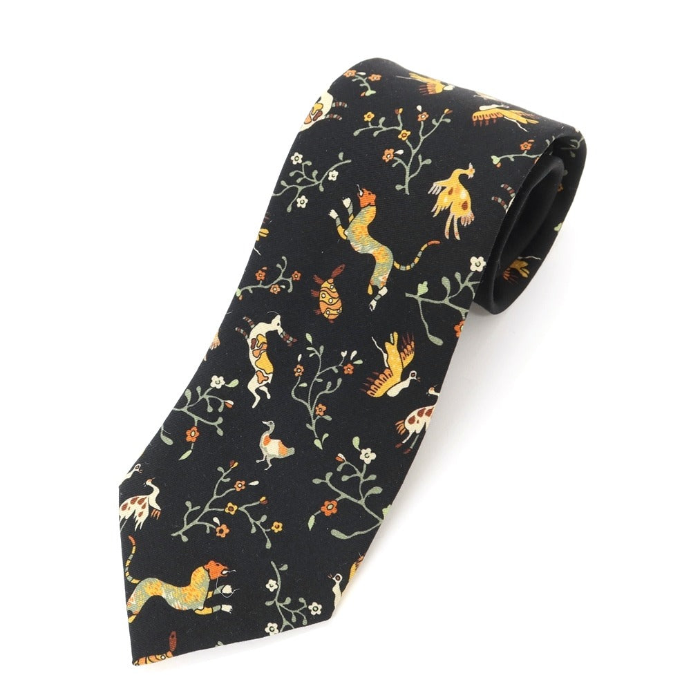 【新品アウトレット】ジエレ GIERRE 動植物柄 パネルプリント 3つ折り ウールシルク ネクタイ ブラック【BLK】【A/W】【状態ランクN-】【メンズ】【768990】