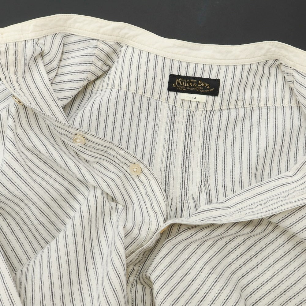 [Used] Muller &amp;amp; Bros. Cotton Striped Band Collar Casual Shirt Off-White x Dark Navy [Size 14 1/2] [WHT] [S/S/A/W] [Condition Rank C] [Men&