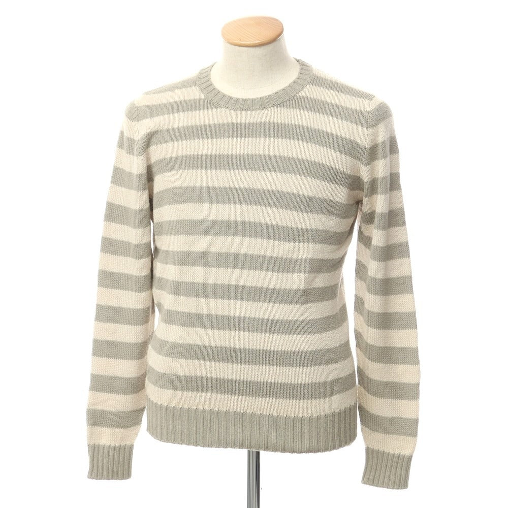 [Used] SCAGLIONE mid-gauge silk striped crew neck knit, moss gray x beige [M] [Condition: C] [Men&