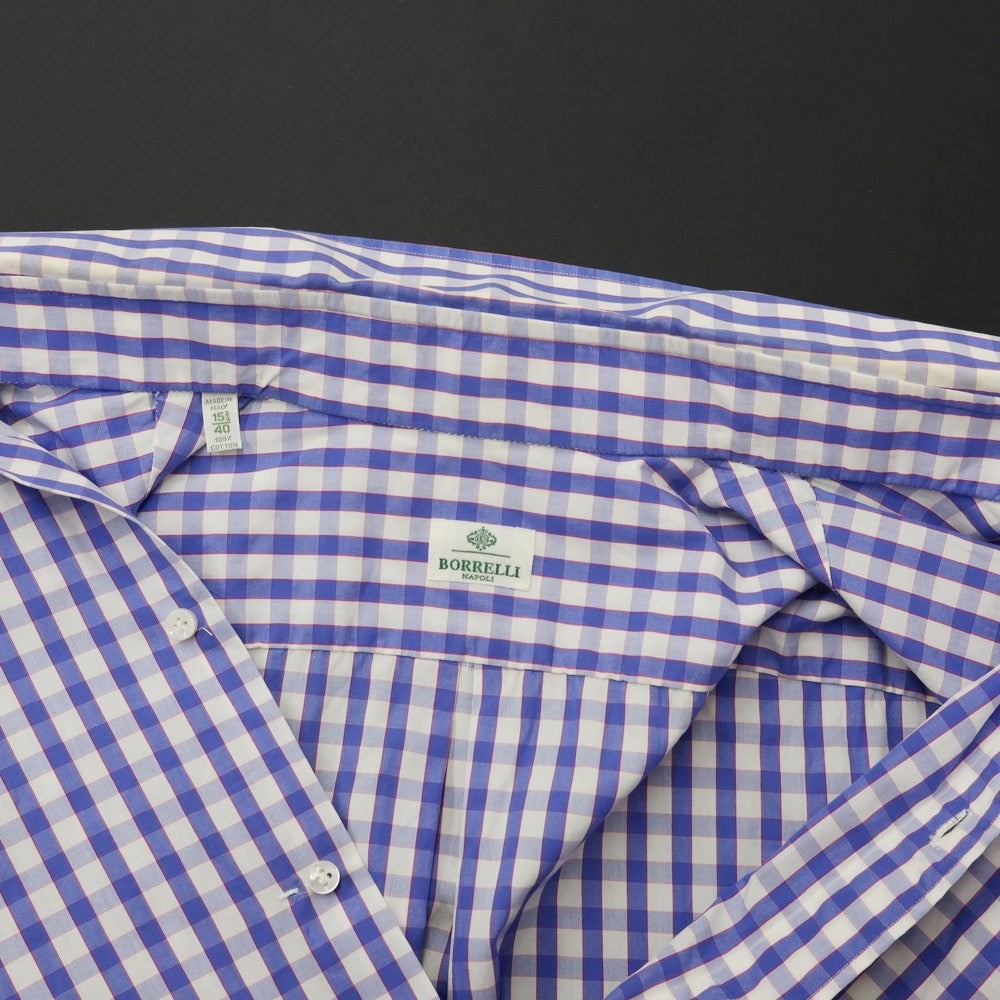 [Used] Luigi Borrelli Cotton Check Button-down Casual Shirt White x Smalt Blue [40] [Condition Rank C] [Men&