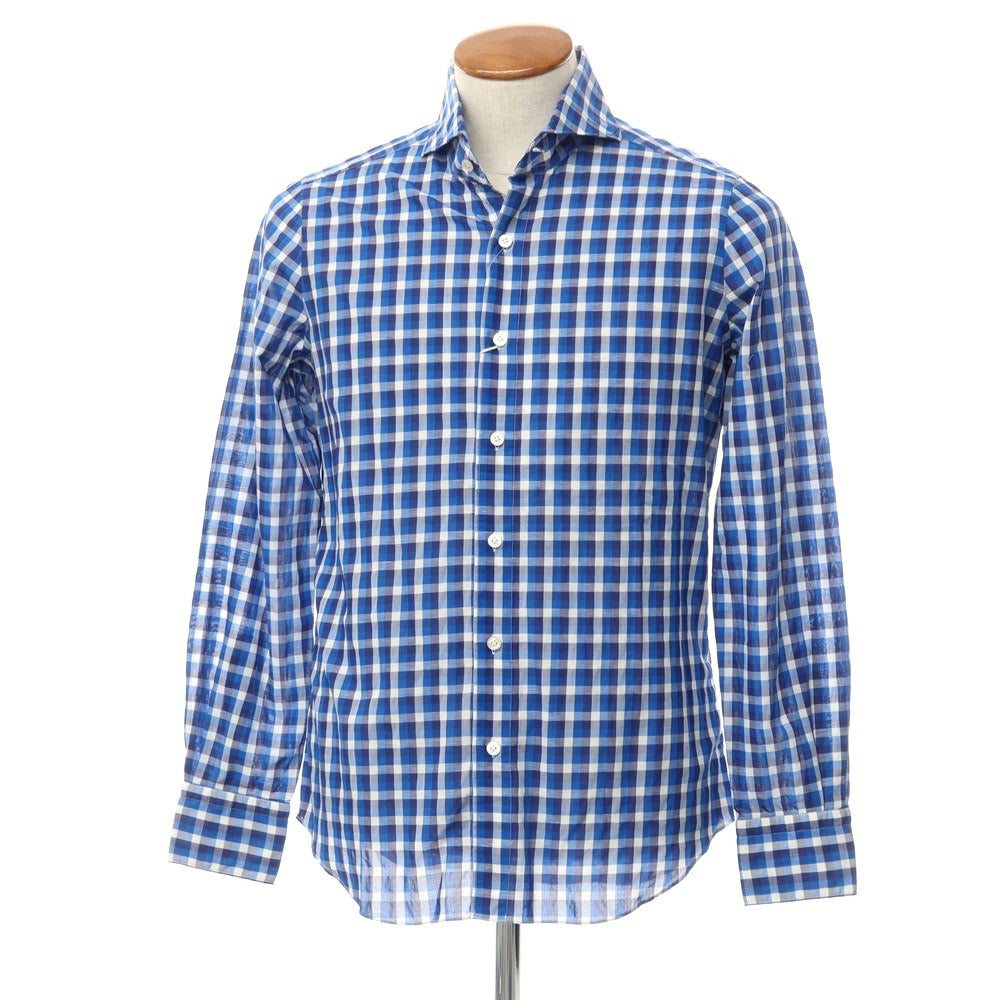 [Used] Finamore Cotton Check Horizontal Collar Casual Shirt Blue x White [40] [Condition Rank A] [Men&