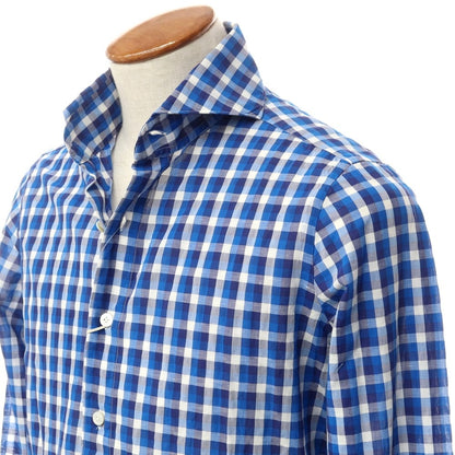 [Used] Finamore Cotton Check Horizontal Collar Casual Shirt Blue x White [40] [Condition Rank A] [Men&