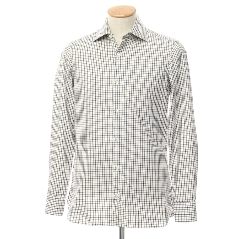 [Used] Luigi Borrelli Cotton Check Wide Collar Dress Shirt White x Navy x Brown [37] [Condition Rank D] [Men&