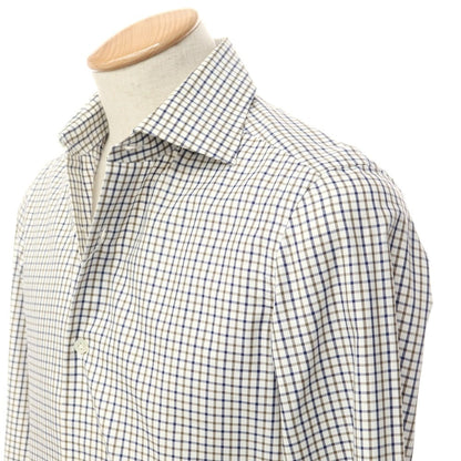 [Used] Luigi Borrelli Cotton Check Wide Collar Dress Shirt White x Navy x Brown [37] [Condition Rank D] [Men&