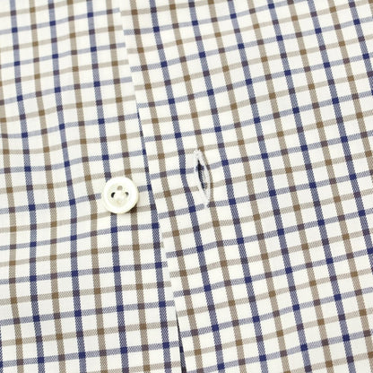 [Used] Luigi Borrelli Cotton Check Wide Collar Dress Shirt White x Navy x Brown [37] [Condition Rank D] [Men&