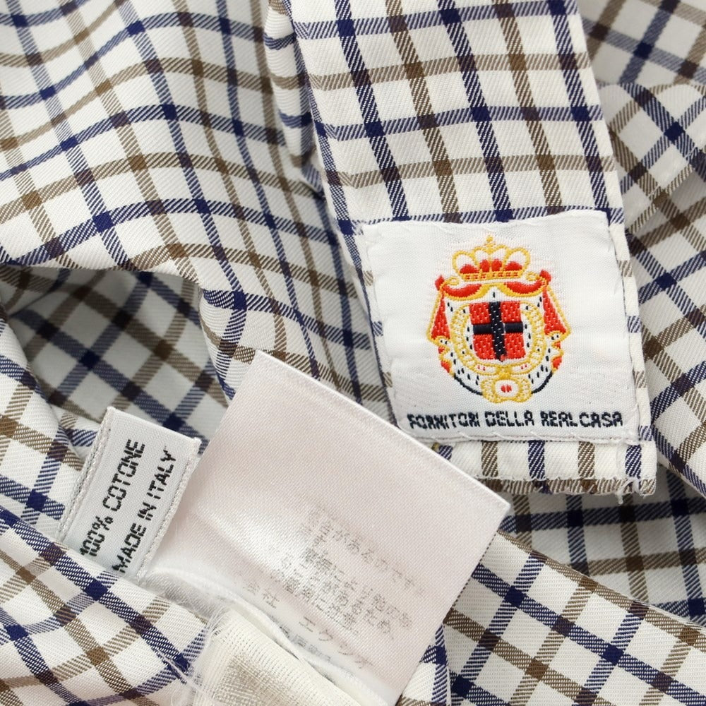 [Used] Luigi Borrelli Cotton Check Wide Collar Dress Shirt White x Navy x Brown [37] [Condition Rank D] [Men&