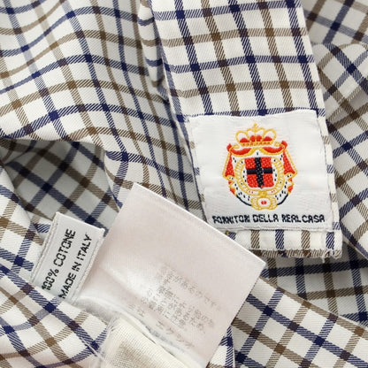 [Used] Luigi Borrelli Cotton Check Wide Collar Dress Shirt White x Navy x Brown [37] [Condition Rank D] [Men&