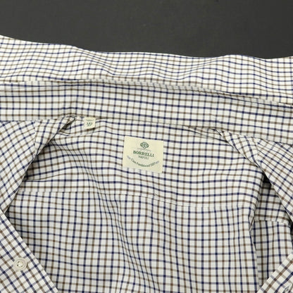 [Used] Luigi Borrelli Cotton Check Wide Collar Dress Shirt White x Navy x Brown [37] [Condition Rank D] [Men&