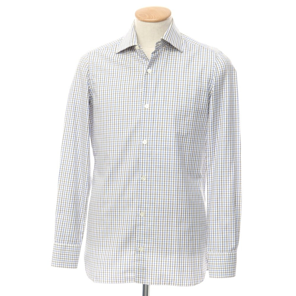 [Used] Luigi Borrelli Cotton Check Wide Collar Dress Shirt White x Blue x Brown [37] [Condition Rank D] [Men&