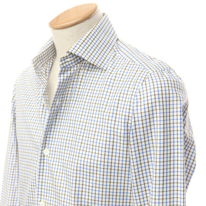 [Used] Luigi Borrelli Cotton Check Wide Collar Dress Shirt White x Blue x Brown [37] [Condition Rank D] [Men&