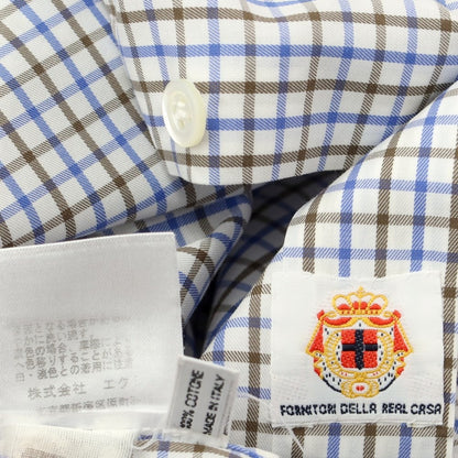 [Used] Luigi Borrelli Cotton Check Wide Collar Dress Shirt White x Blue x Brown [37] [Condition Rank D] [Men&