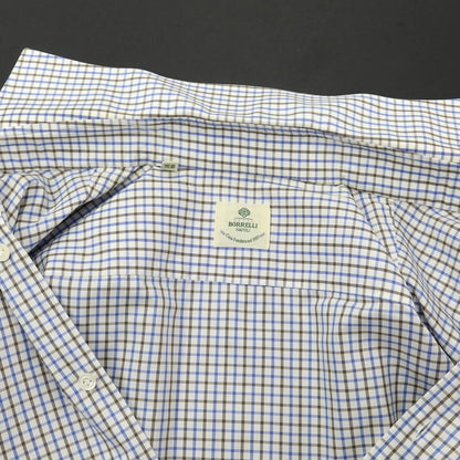 [Used] Luigi Borrelli Cotton Check Wide Collar Dress Shirt White x Blue x Brown [37] [Condition Rank D] [Men&