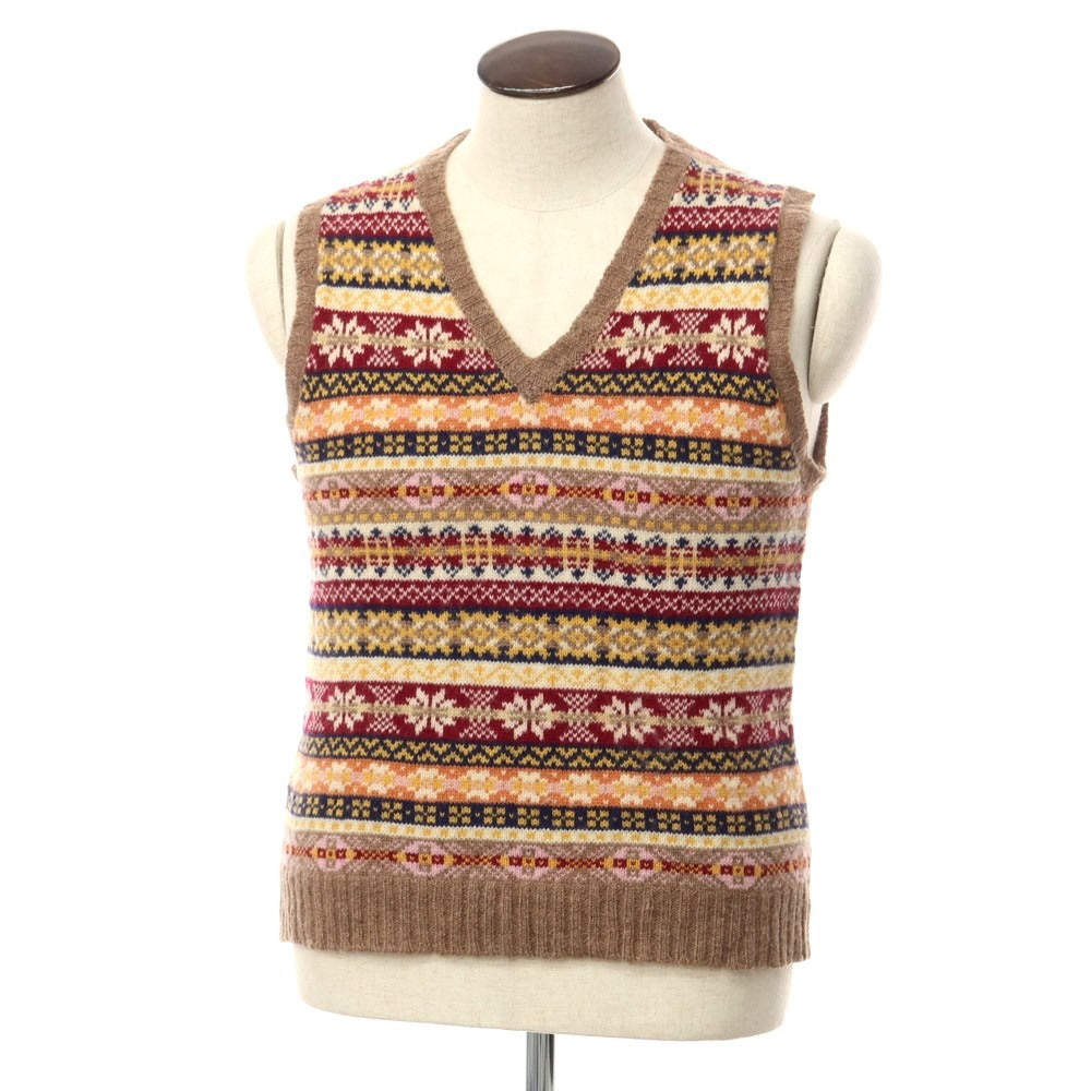 [Used] BEAMS Fair Isle pattern mid-gauge wool knit vest brown beige x yellow [L] [Condition rank C] [Men&